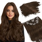 Ugeat Chocolate Brown Clip in Extensions Real Human Hair Dark Brown Clip on Hair Extensions for Women Add Volume 14 Inch Human Hair Extension Double Weft 7pcs 105g