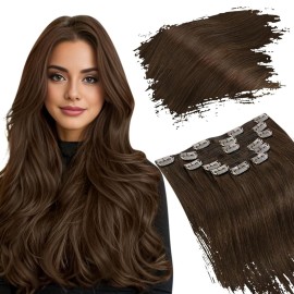 Ugeat Chocolate Brown Clip in Extensions Real Human Hair Dark Brown Clip on Hair Extensions for Women Add Volume 14 Inch Human Hair Extension Double Weft 7pcs 105g