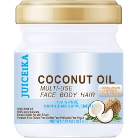COCONUT OIL Pure EXTRA VIRGIN UNREFINED COLD PRESSED 7.75 Fl.oz 225 ml for Face, Skin, Hair, Lip, Nails by Juiceika