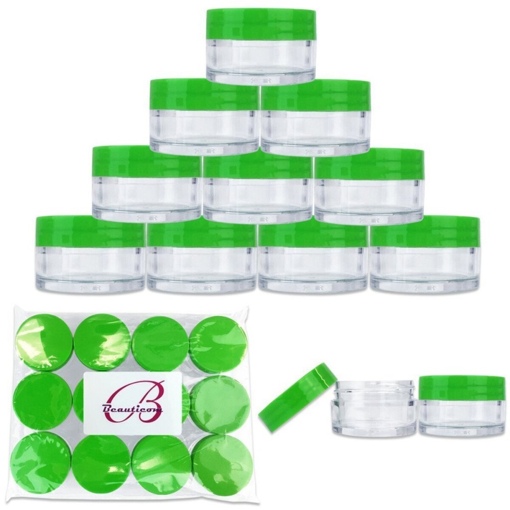 Beauticom 20 gram/20ml Empty Clear Small Round Travel Container Jar Pots with Lids for Make Up Powder, Eyeshadow Pigments, Lotion, Creams, Lip Balm, Lip Gloss, Samples (12 Pieces, Green)