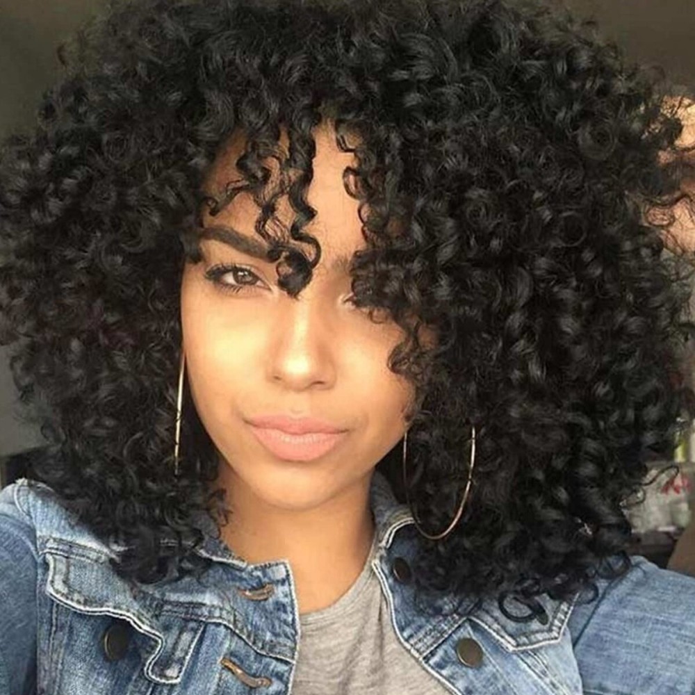 Xinran Black Curly Afro Wig for Women, Kinky Black Curly Wigs for Women, Natural Synthetic Curly Wig with Bangs