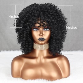 Xinran Black Curly Afro Wig for Women, Kinky Black Curly Wigs for Women, Natural Synthetic Curly Wig with Bangs