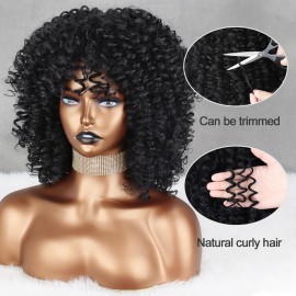 Xinran Black Curly Afro Wig for Women, Kinky Black Curly Wigs for Women, Natural Synthetic Curly Wig with Bangs