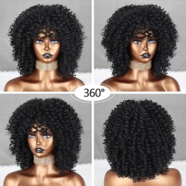 Xinran Black Curly Afro Wig for Women, Kinky Black Curly Wigs for Women, Natural Synthetic Curly Wig with Bangs