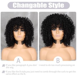 Xinran Black Curly Afro Wig for Women, Kinky Black Curly Wigs for Women, Natural Synthetic Curly Wig with Bangs