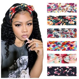 DRESHOW Boho Bow Headbands for Women Vintage Flower Printed Yoga Hairband Elastic Rabbit Ear Head Wrap 6 Pack