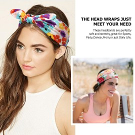 DRESHOW Boho Bow Headbands for Women Vintage Flower Printed Yoga Hairband Elastic Rabbit Ear Head Wrap 6 Pack