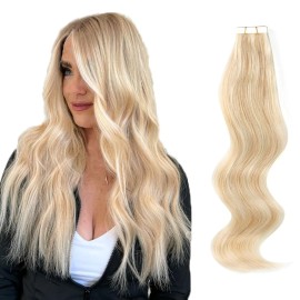 ABH AmazingBeauty Hair Pre-taped Double Sided Tape Hair Extensions Highlights Remy Human Hair Skin Weft, Invisible, Seamless Dirty Blonde with Platinum Beach-Bleached Blonde P18-613, 16 Inch