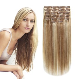 HEESAGA Clip in Hair Extensions Real Human Hair, 16 Inch 120 Grams/4.2 Ounce, 10 Pieces with 22 Clips per Set (12/613 Light Golden Brown/Bleach Blonde)
