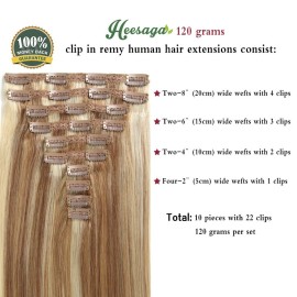 HEESAGA Clip in Hair Extensions Real Human Hair, 16 Inch 120 Grams/4.2 Ounce, 10 Pieces with 22 Clips per Set (12/613 Light Golden Brown/Bleach Blonde)