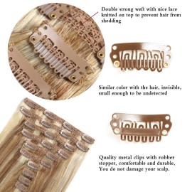 HEESAGA Clip in Hair Extensions Real Human Hair, 16 Inch 120 Grams/4.2 Ounce, 10 Pieces with 22 Clips per Set (12/613 Light Golden Brown/Bleach Blonde)