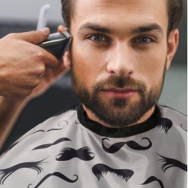Men\'s Barber Cape For Hair Stylists- Home Hair Cuts - Salons - Snaps, Retro Mustache Design (Grey) Men\'s Barber Cape For Hair Stylists- Home Hair Cuts - Salons - Snaps, Retro Mustache Design (Grey)