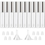 GTHER 10PCS 10ML Empty Lip Gloss Containers Tube with Wand, Refillable Lip Balm Bottles, Lipstick Sample Container and Funnel and Rubber Stoppers for Girls DIY Lip Samples, Silver Top