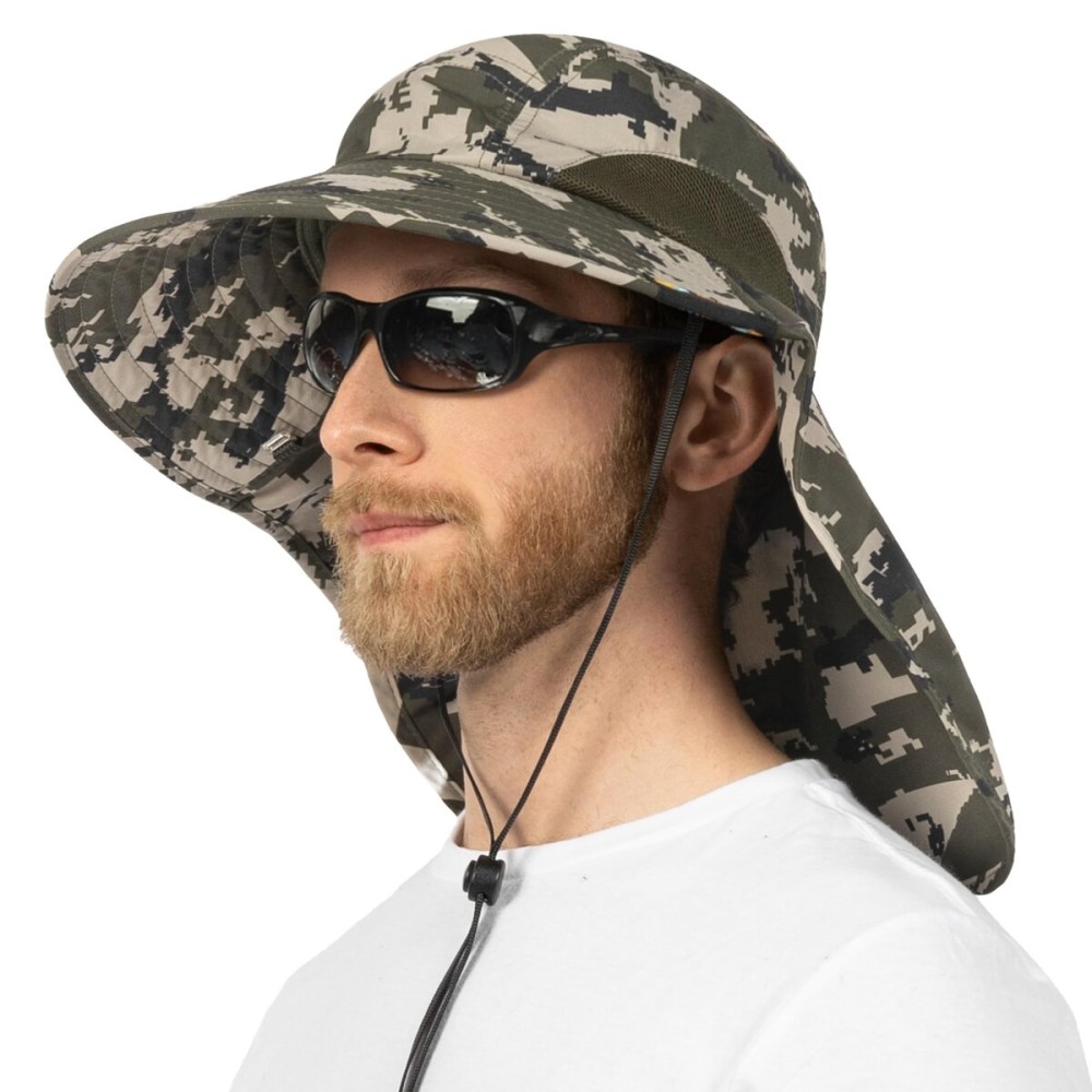 SUN CUBE Wide Brim Sun Hat with Neck Flap, Fishing Hiking for Men Women Safari, Neck Cover for Outdoor Sun Protection UPF50+ | Camo Green