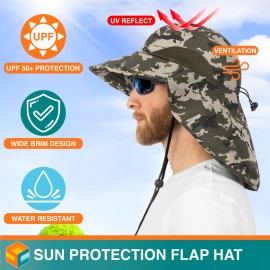 SUN CUBE Wide Brim Sun Hat with Neck Flap, Fishing Hiking for Men Women Safari, Neck Cover for Outdoor Sun Protection UPF50+ | Camo Green
