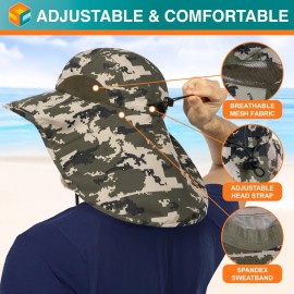 SUN CUBE Wide Brim Sun Hat with Neck Flap, Fishing Hiking for Men Women Safari, Neck Cover for Outdoor Sun Protection UPF50+ | Camo Green