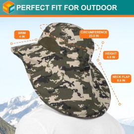 SUN CUBE Wide Brim Sun Hat with Neck Flap, Fishing Hiking for Men Women Safari, Neck Cover for Outdoor Sun Protection UPF50+ | Camo Green