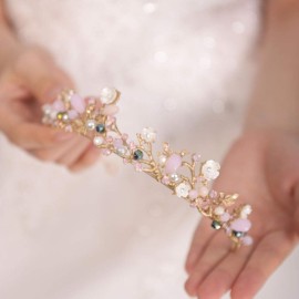 FXmimior Bridal Hair Accessories Gold Pink Flower Bead Wedding Crown Headband Women Crystal Tiara Headpiece Wedding Hair Accessories