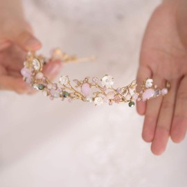 FXmimior Bridal Hair Accessories Gold Pink Flower Bead Wedding Crown Headband Women Crystal Tiara Headpiece Wedding Hair Accessories