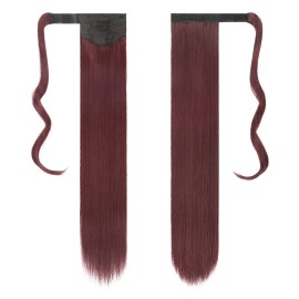 FESHFEN Ponytail Extensions - 24 Inch Long Straight Wrap Around Synthetic Wine Red Ponytails Hair Piece Pony Tail Hair Extensions Hairpieces for Women