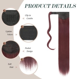 FESHFEN Ponytail Extensions - 24 Inch Long Straight Wrap Around Synthetic Wine Red Ponytails Hair Piece Pony Tail Hair Extensions Hairpieces for Women