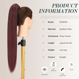 FESHFEN Ponytail Extensions - 24 Inch Long Straight Wrap Around Synthetic Wine Red Ponytails Hair Piece Pony Tail Hair Extensions Hairpieces for Women
