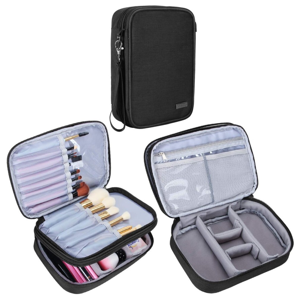 Teamoy Travel Makeup Brush Case(up to 8.8), Professional Makeup Train Organizer Bag with Handle Strap for Makeup Brushes and Makeup Essentials-Medium, Black(No Accessories Included)