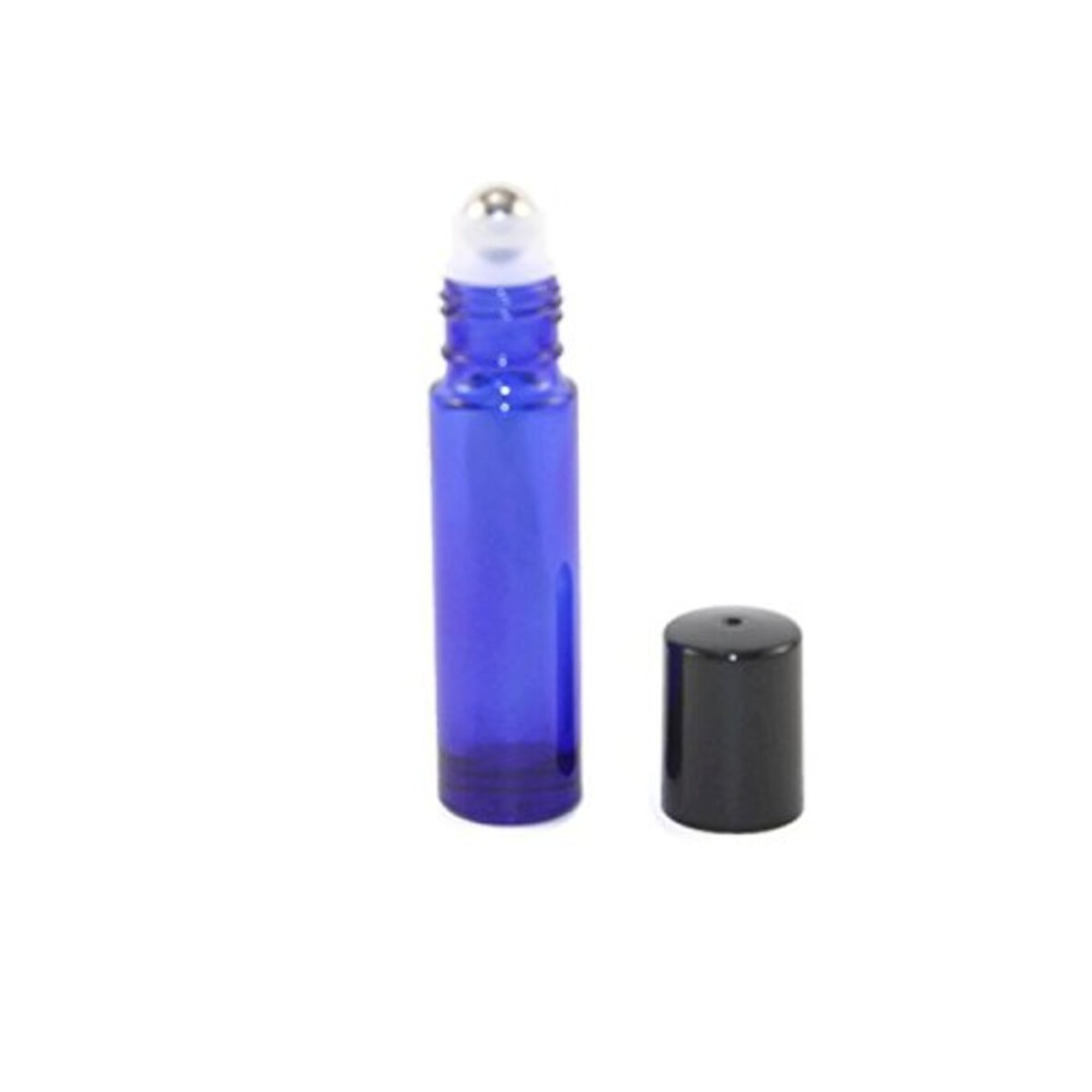 10ml DEEP COBALT BLUE Glass Roll-On THICK Bottles (144) with Stainless Steel Roller Balls - and Flat Black Caps, Refillable Aromatherapy Essential Oil Roll On (144 of each)