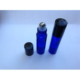 10ml DEEP COBALT BLUE Glass Roll-On THICK Bottles (144) with Stainless Steel Roller Balls - and Flat Black Caps, Refillable Aromatherapy Essential Oil Roll On (144 of each)