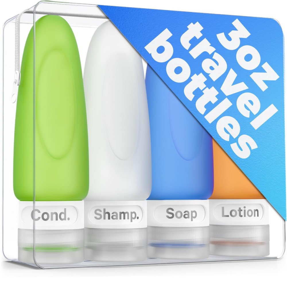 Dot&Dot Leak Proof Travel Bottles - TSA Approved 3oz Silicone Toiletries Travel Shampoo & Conditioner Containers with Labels
