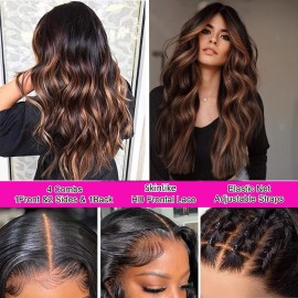 FENJUN HAIR 20 Inch Ombre Honey Blonde Human Hair Wigs 1b/30/33 Body Wave Highlight Lace Frontal Pre plucked with Baby Hair Wet and Wavy Glueless Wigs for Black Women Free Parting