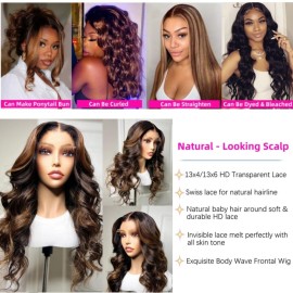 FENJUN HAIR 20 Inch Ombre Honey Blonde Human Hair Wigs 1b/30/33 Body Wave Highlight Lace Frontal Pre plucked with Baby Hair Wet and Wavy Glueless Wigs for Black Women Free Parting