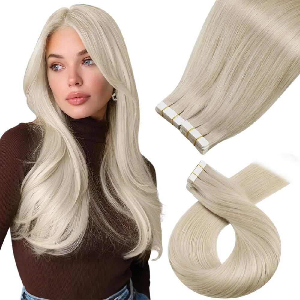 Moresoo Blonde Tape in Hair Extensions Human Hair Platinum Blonde Tape in Extensions 20 Inch Glue in Hair Extensions Real Silky Straight Human Hair for Women 60 100g 40PCS