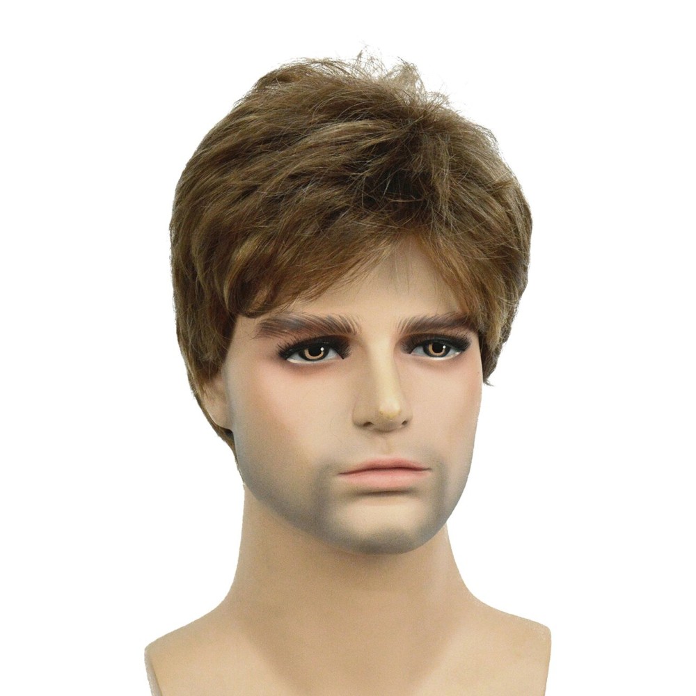 Lydell Men Wig Golden Brown Mix Short Straight Hair Synthetic Full Wigs 6 inches
