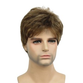 Lydell Men Wig Golden Brown Mix Short Straight Hair Synthetic Full Wigs 6 inches