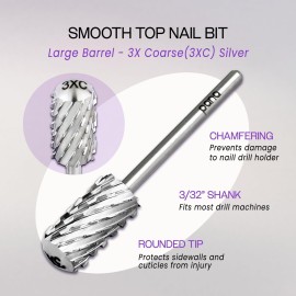 PANA 3/32 Large Smooth Round Top Safety Carbide Nail Drill Bit for Gel Polish & Acrylic Removal Nail Salon Manicure Pedicure Electric File Tools (Large Barrel - Silver, 3X Coarse)