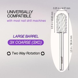 PANA 3/32 Large Smooth Round Top Safety Carbide Nail Drill Bit for Gel Polish & Acrylic Removal Nail Salon Manicure Pedicure Electric File Tools (Large Barrel - Silver, 3X Coarse)