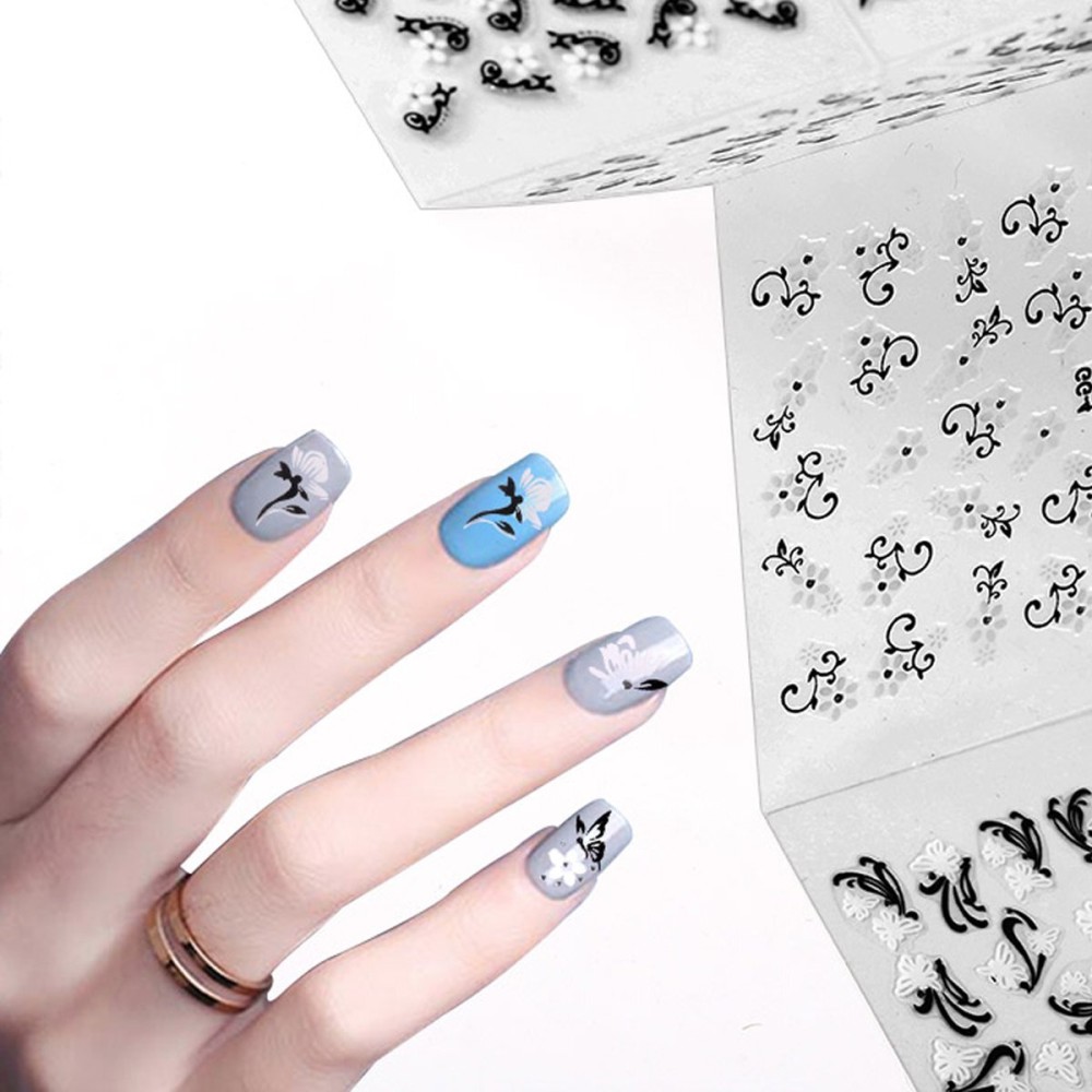 ALLYDREW 24 Sheets Black & White Flowers with Rhinestones Nail Stickers Set Nail Art