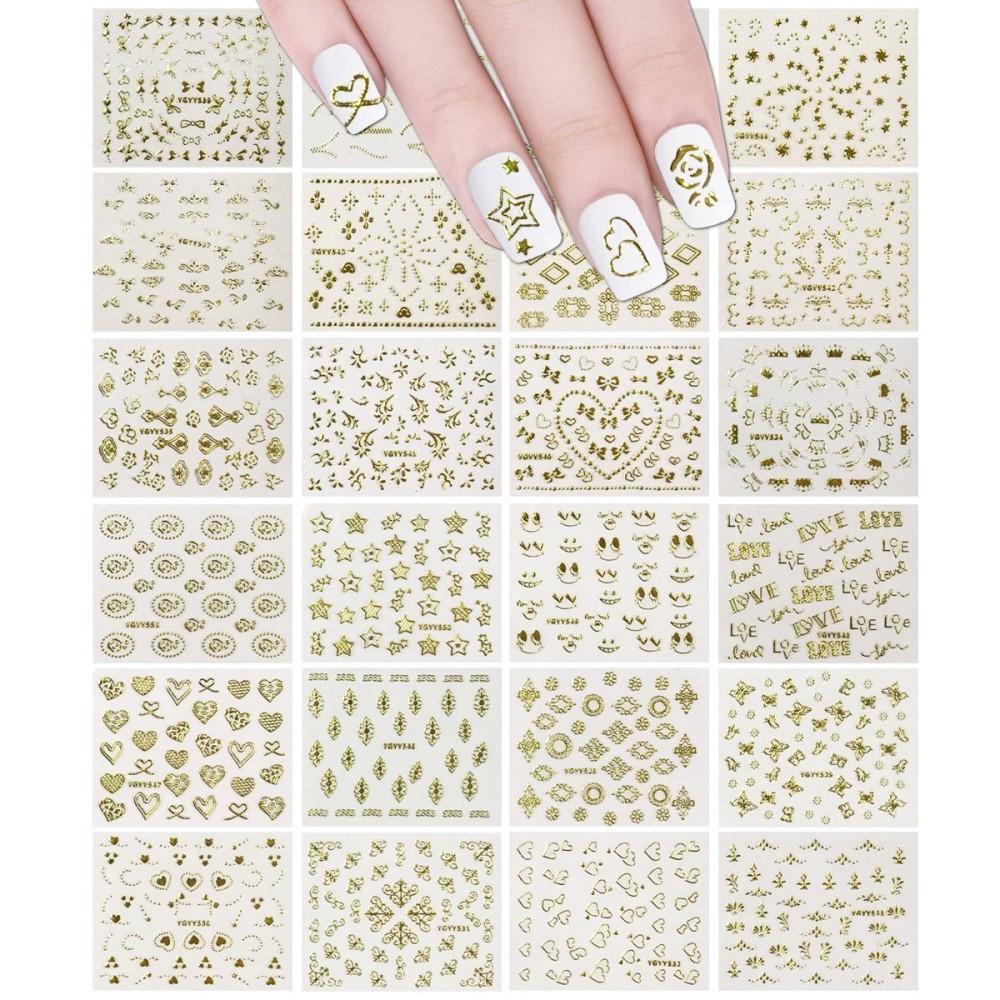 24 Sheets Gold Crowns, Gold Stars & Gold Vines Nail Stickers Set Nail Art