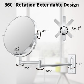 LANSI Wall Mounted Makeup Mirror, 10x/1x Double-Sided Magnifying Mirror, 360 Extendable Arm Bathroom Mirror, 8 inch Vanity Mirror for Makeup or Shaving Chrome Finish