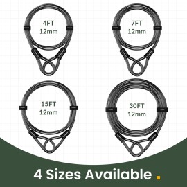 Titanker Bike Lock Cable,12mm Thick Security Cable with Loops Heavy Duty Steel Cable Vinyl Coated Bike Cable Lock Security Chain (4ft, 7ft, 15ft, 30ft)