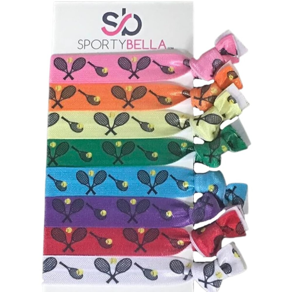 Multi-Colored Tennis Hair Ties for Girls, No Crease Elastics with Tennis Racket Design, Ponytail Ties for Tennis Players (8 pcs) - by SPORTYBELLA Multi-Colored Tennis Hair Ties for Girls, No Crease Elastics with Tennis Racket Design, Ponytail Ties for Tennis Players (8 pcs) - by SPORTYBELLA