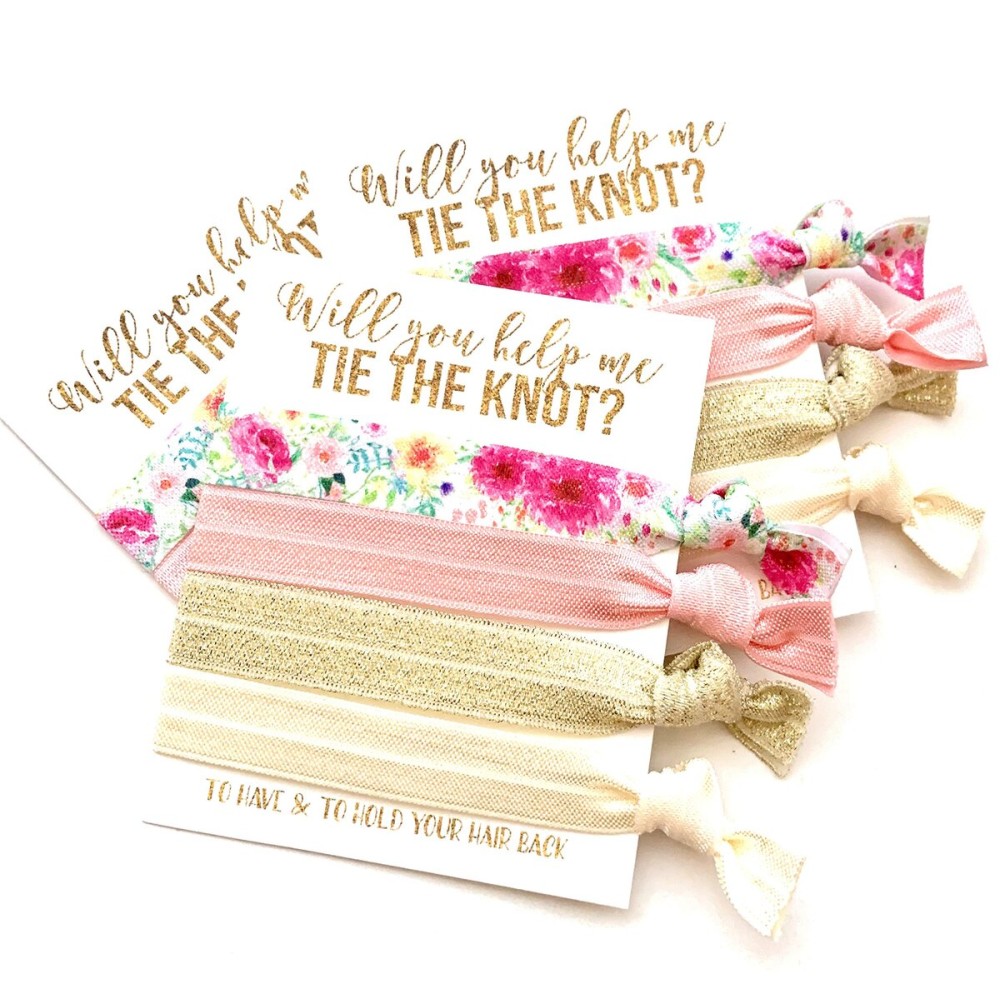 Bridesmaid Proposal Set | Will you help me Tie the Knot?| Hair Tie Favors | To have & to hold your hair back (5, White Card + Gold Ink)