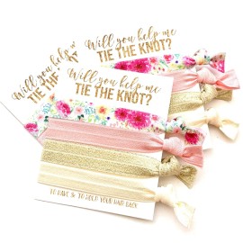 Bridesmaid Proposal Set | Will you help me Tie the Knot?| Hair Tie Favors | To have & to hold your hair back (5, White Card + Gold Ink)