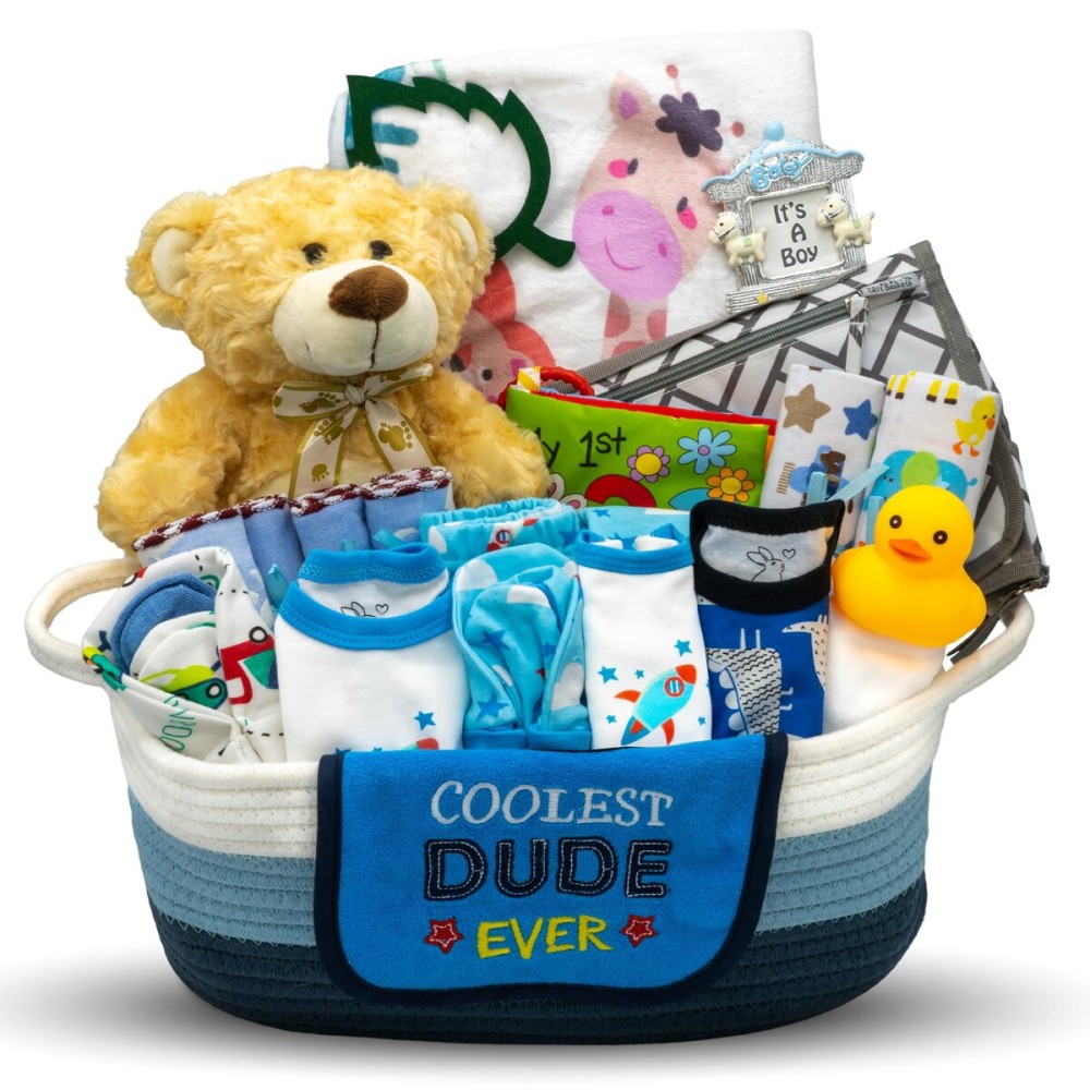 Bundle of Joy Deluxe New Baby Boy Gift Set | Baby Essentials for Expecting Moms & Parents | 25-Piece Newborn Gift Basket Hamper Layette Set for Gender Reveal | Blue - Nikki\'s Gift Baskets