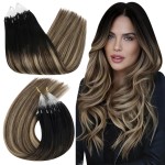 Ugeat Balayage Micro Link Hair Extensions Natural Black to Dark Brown Mix Caramel Brown Balayage Micro Ring Extensions Real Human Hair to Add Length and Volume by No Glue Needed 16 Inch 50g 50s