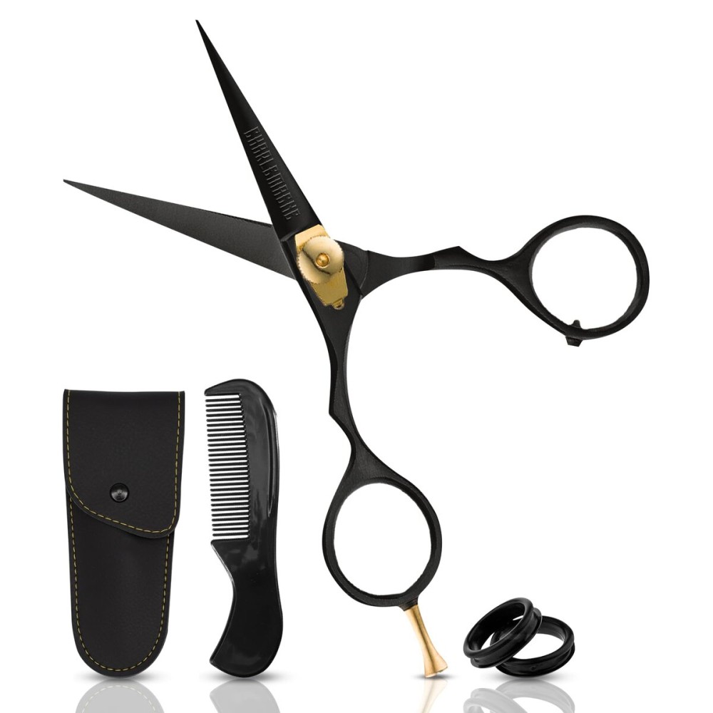 Charlemagne Hand-Forged Japanese Steel Hair, Beard & Mustache Scissors - 5.5 Inch (Black), Cut Trim Groom Facial Hair - Mustache Grooming Kit For Men