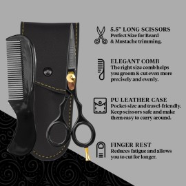 Charlemagne Hand-Forged Japanese Steel Hair, Beard & Mustache Scissors - 5.5 Inch (Black), Cut Trim Groom Facial Hair - Mustache Grooming Kit For Men