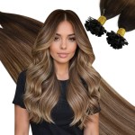 Ugeat Darkest Brown Ktip Human Hair Extensions Ombre Flat Tip Hair Extensions Human Hair Medium Brown with Golden Blonde Balayage Pre Bonded Medium Length 18 Inch 50S 50G