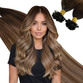 Ugeat Darkest Brown Ktip Human Hair Extensions Ombre Flat Tip Hair Extensions Human Hair Medium Brown with Golden Blonde Balayage Pre Bonded Medium Length 18 Inch 50S 50G